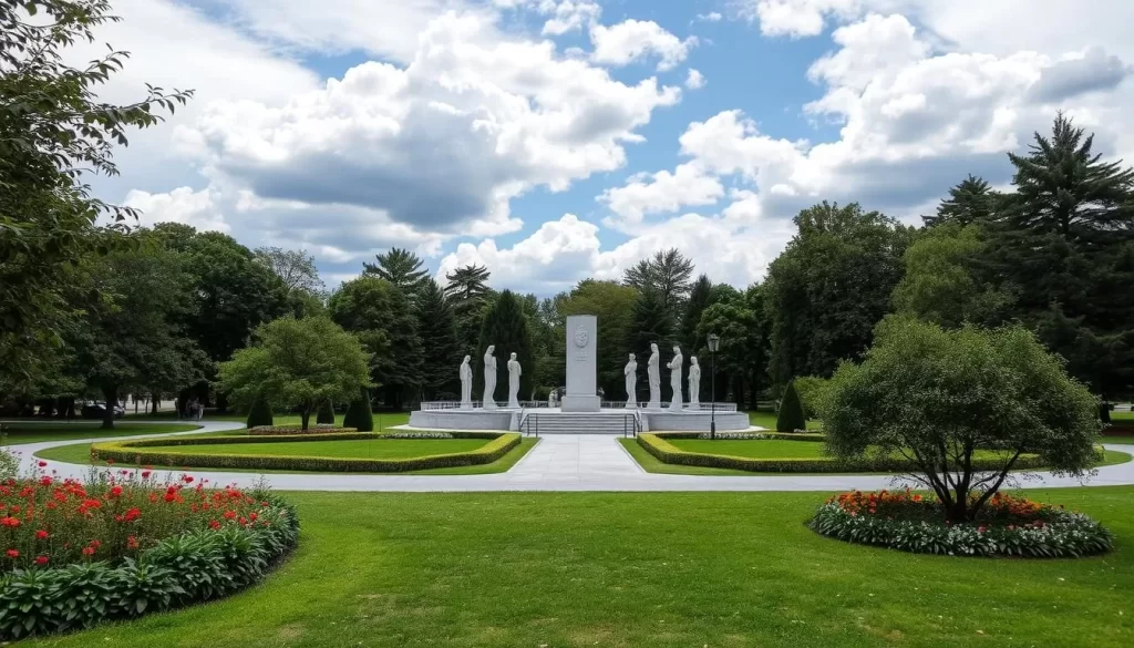 Generate an image of Šumarice Memorial Park's serene landscape with its poignant sculptures.