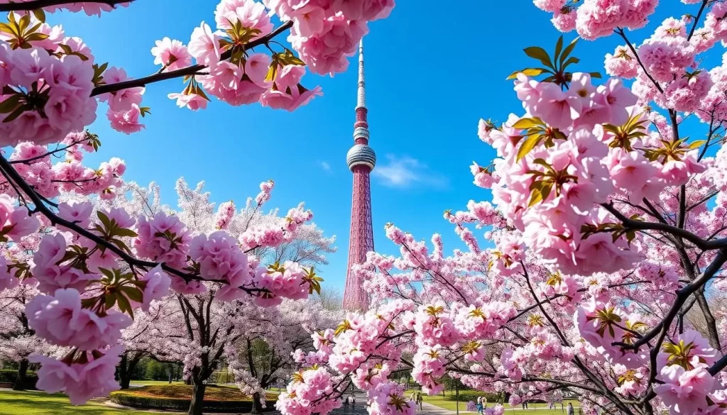 Generate an image of Sumida Park during cherry blossom season, with Tokyo Skytree in the background.