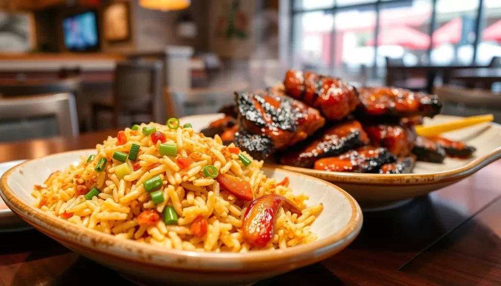 Generate an image of Sun Ha Jang's duck BBQ and fried rice.