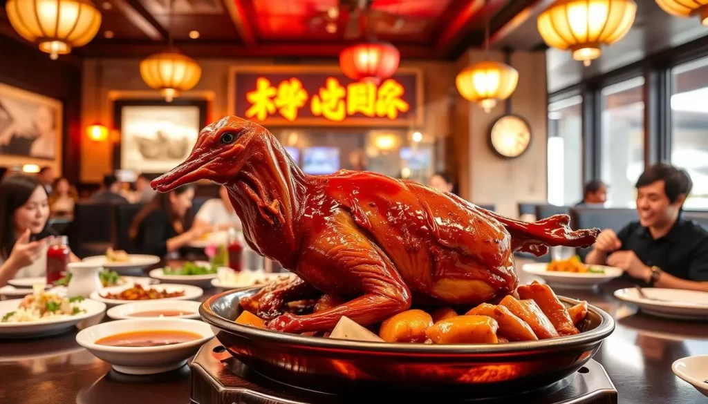 Generate an image of Sun Wah BBQ, featuring its signature Beijing duck feast and the restaurant's inviting atmosphere.