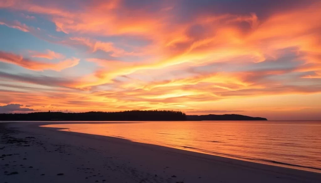 Generate an image of Sunset Beach on Hecla Island during sunset, capturing its breathtaking views.