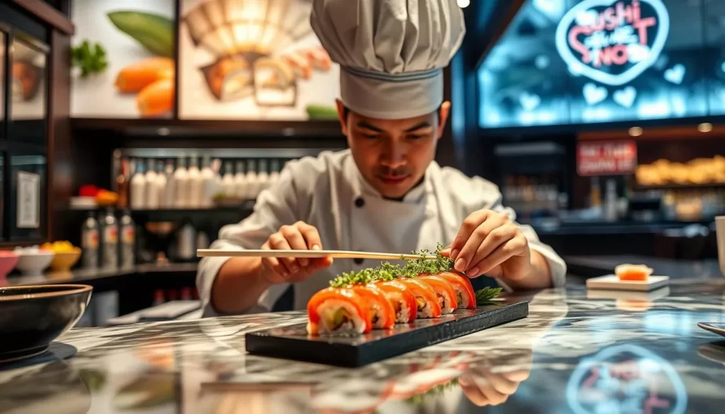 Generate an image of Sushi Noz's sushi bar with a chef preparing a piece of sushi.