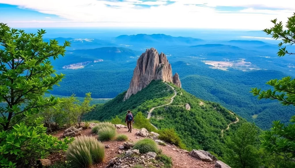 Generate an image of Table Rock State Park's iconic peak with a hiker on the trail.