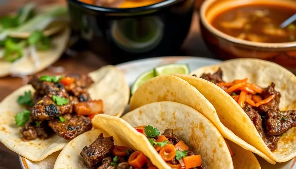 Generate an image of Tacos Y Birria La Unica's goat and beef birria tacos with consommé.