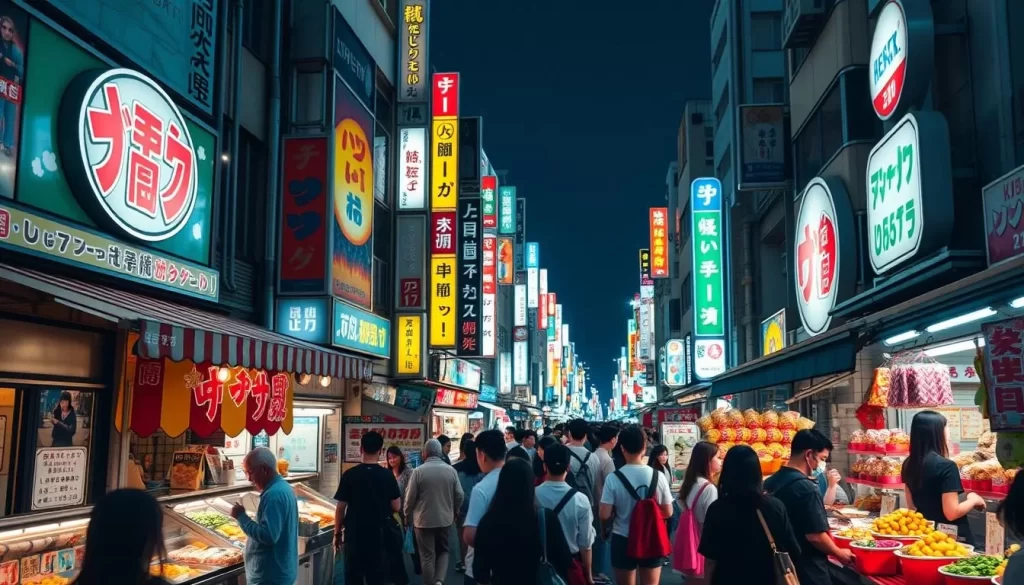 Generate an image of Takeshita Street in Harajuku, Tokyo, showcasing its vibrant atmosphere and colorful street food.