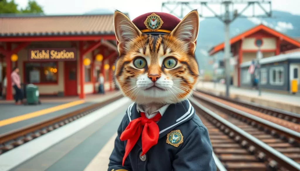Generate an image of Tama, the feline station master, in her uniform at Kishi Station.