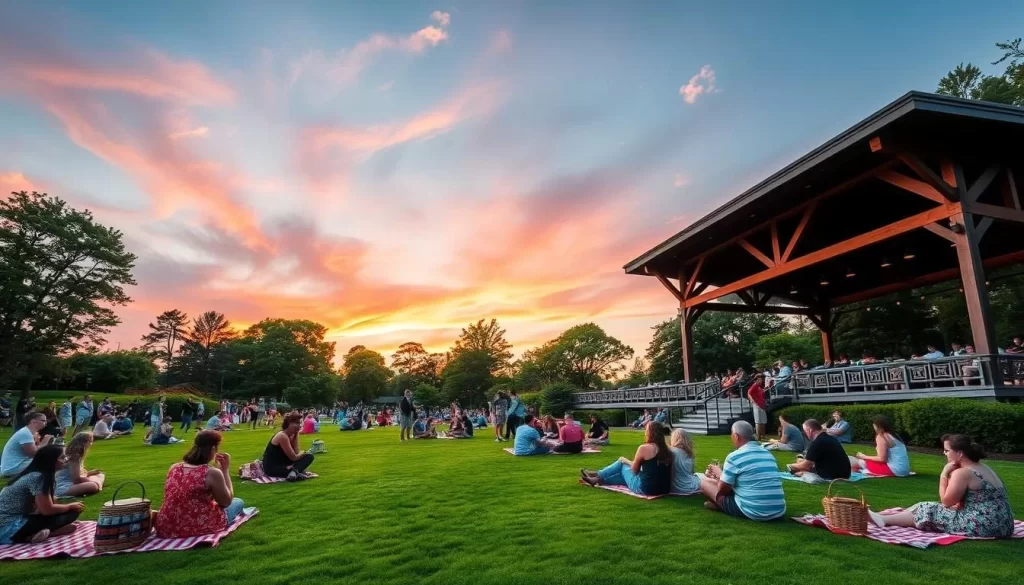 Generate an image of Tanglewood's Koussevitzky Music Shed on a summer evening with people picnicking on the lawn.