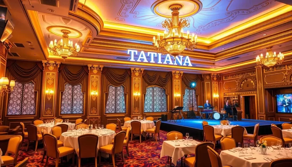 Generate an image of Tatiana restaurant on Brighton Beach, showcasing its ornate banquet hall with gold-painted accents and a stage for performances.