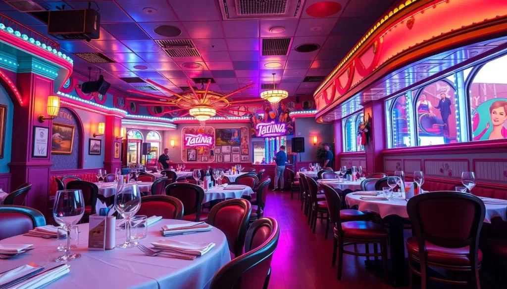 Generate an image of Tatiana restaurant's vibrant dinner theater, capturing the essence of a classic boardwalk amusement park.