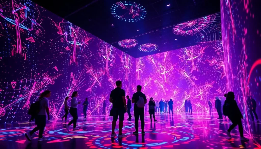Generate an image of TeamLab Borderless's colorful digital art display with visitors surrounded by interactive lights and patterns.