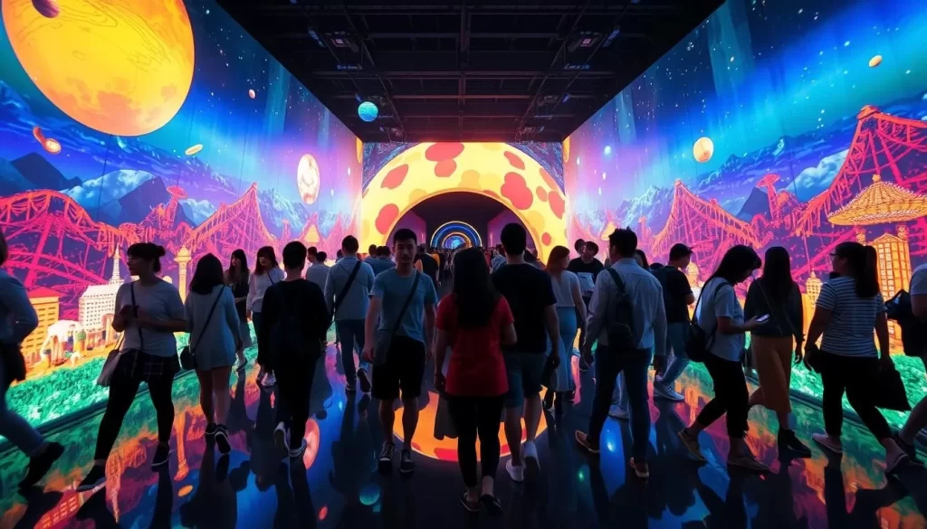 Generate an image of TeamLab Planets TOKYO's interactive digital art installation with people walking through it.