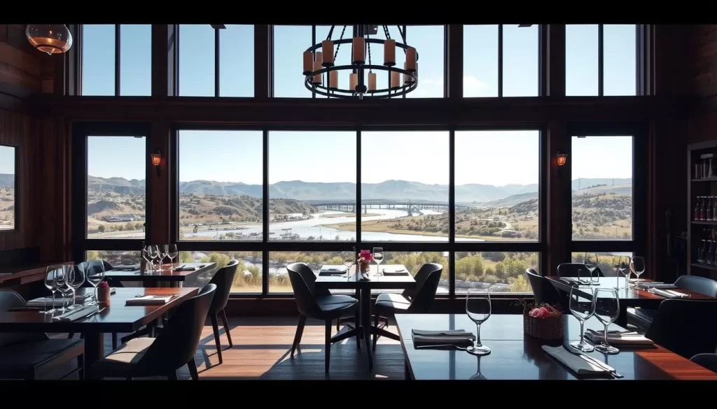 Generate an image of Telaya Wine Co.'s tasting room with a view of the Boise River.