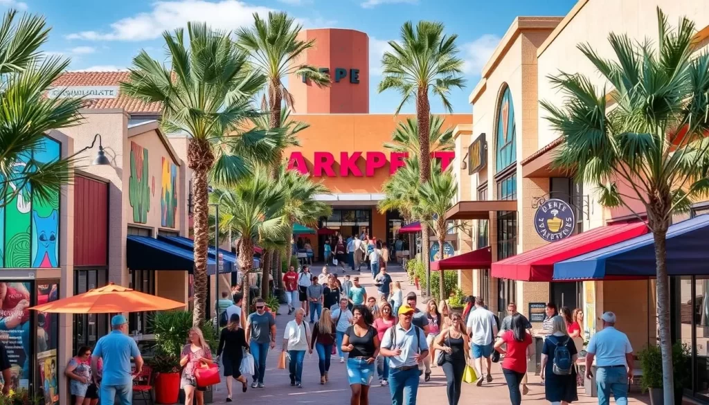 Generate an image of Tempe Marketplace's outdoor shopping area with street art.