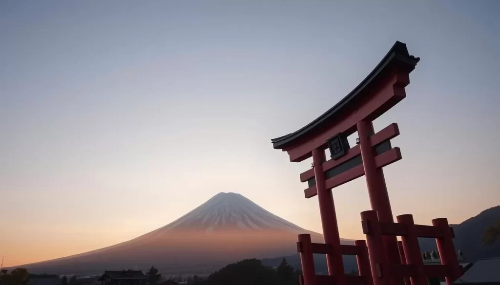 Generate an image of Tenku no Torii gate with Mount Fuji in the background.