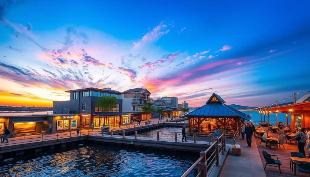 Generate an image of Tennozu Isle's waterfront with art galleries and restaurants.