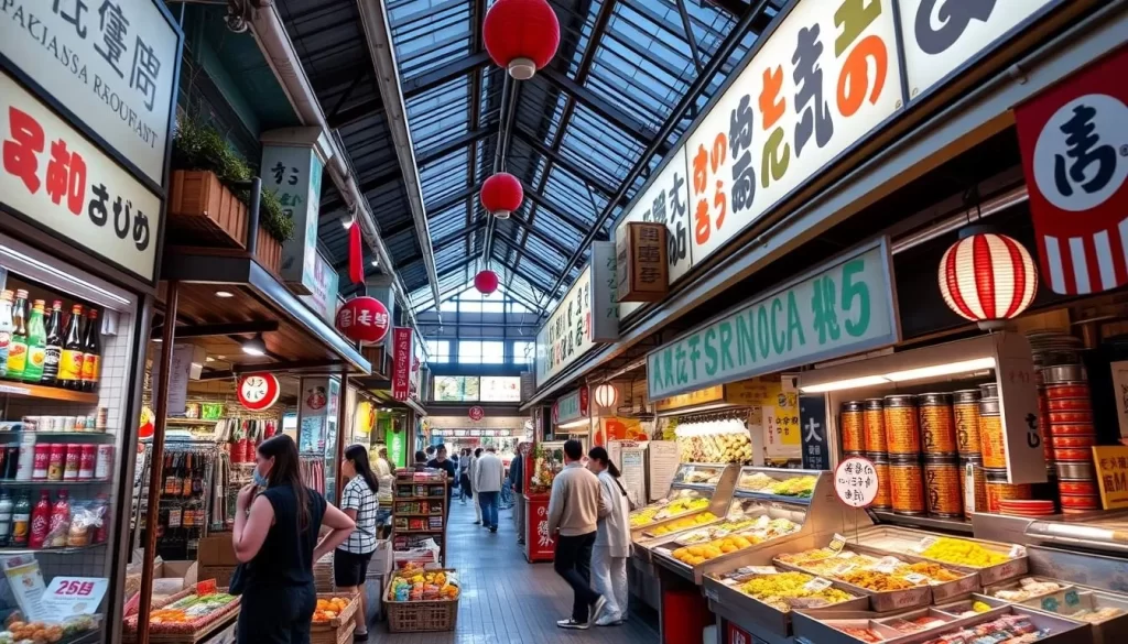 Generate an image of Tensuke Market's interior, showcasing its variety of Japanese products and food court.