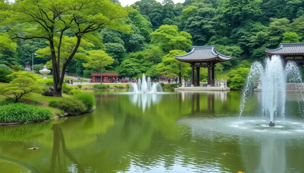 Generate an image of Tetsugakudo Park's serene landscape with its philosophical structures.