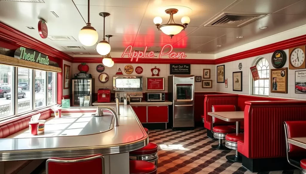 Generate an image of The Apple Pan's interior, focusing on the U-shaped counter and classic decor.