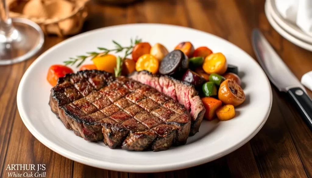 Generate an image of The Arthur J's White Oak Grill's dry-aged steak, served with a side of roasted vegetables.