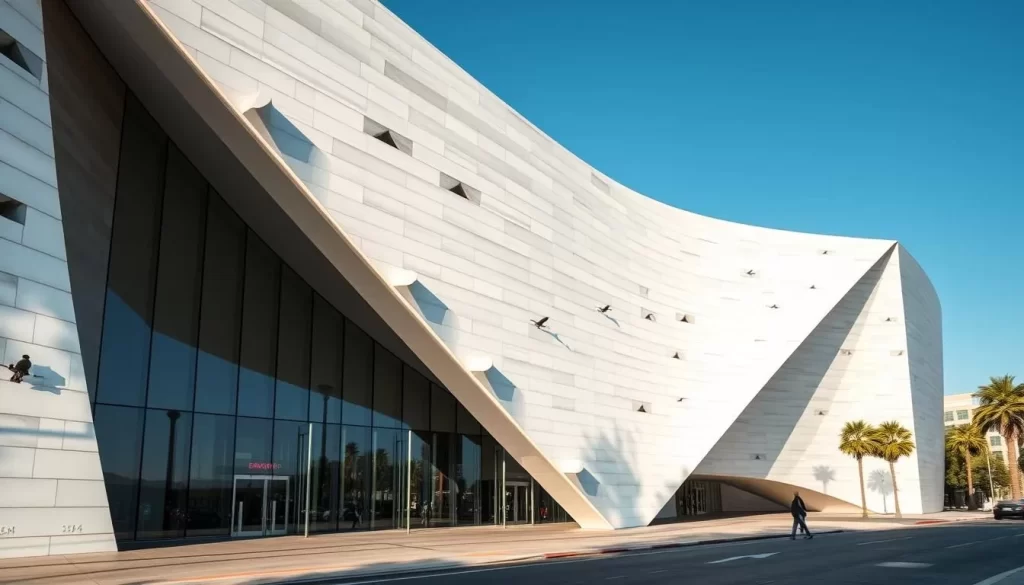 Generate an image of The Broad Museum's exterior in Los Angeles, showcasing its unique architecture.