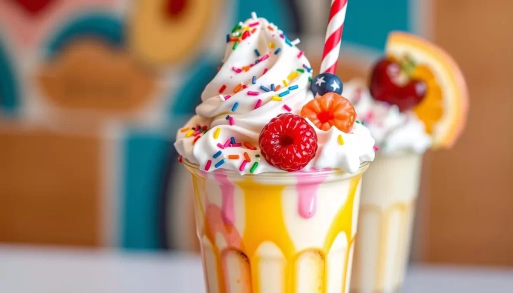 Generate an image of The Canvas Cafe's vegan freakshake with various sweet garnishes.