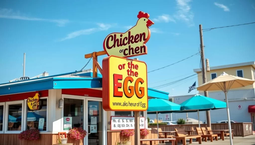 Generate an image of The Chicken or the Egg restaurant in Beach Haven, NJ, with a sign displaying their famous egg dishes.