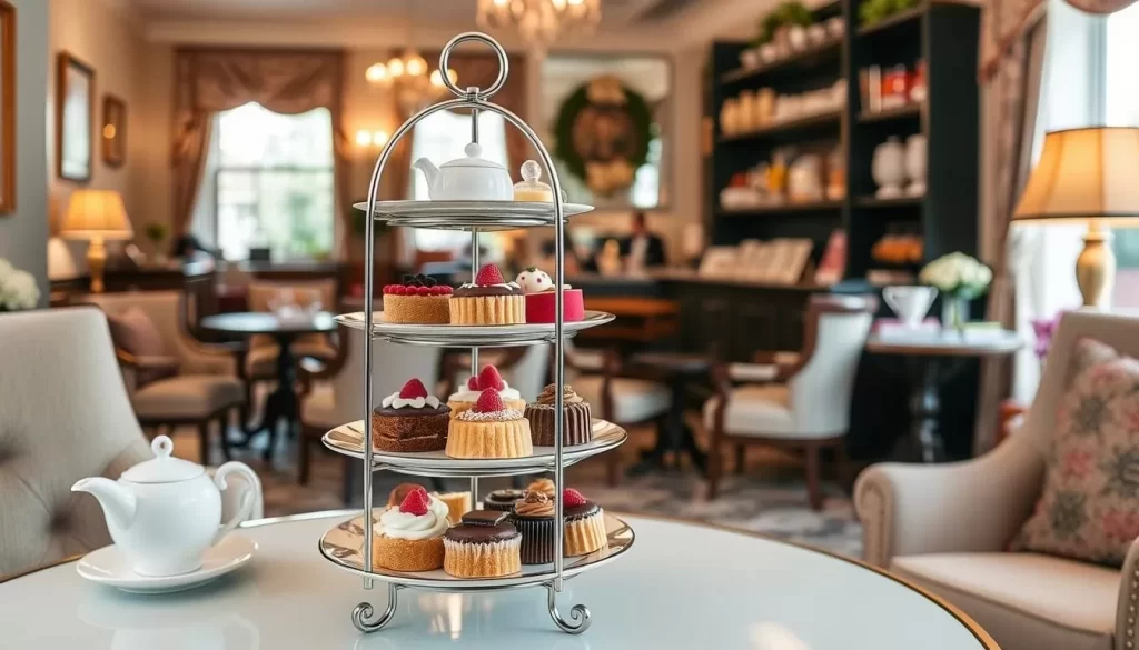 Generate an image of The English Rose Cafe & Tea Shop's charming interior with a three-tiered stand of afternoon tea.