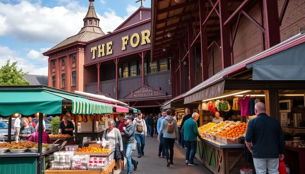 Generate an image of The Forks National Historic Site with its bustling market and diverse food options.