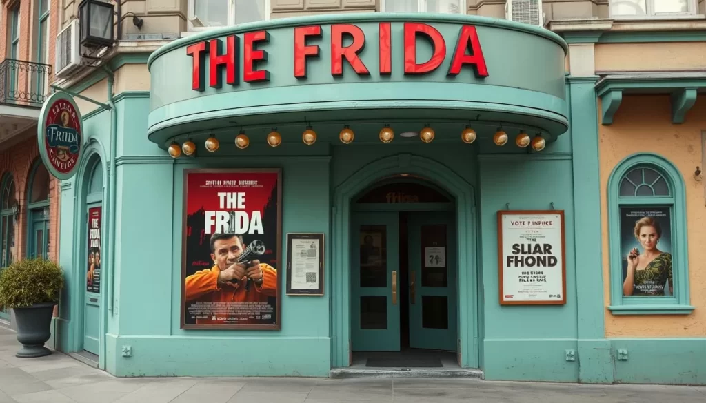 Generate an image of The Frida Cinema's exterior with a poster of an upcoming film or event.