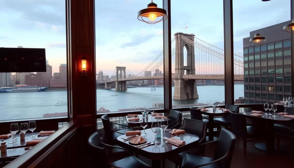 Generate an image of The Fulton's dining area with a stunning view of the Brooklyn Bridge and East River.