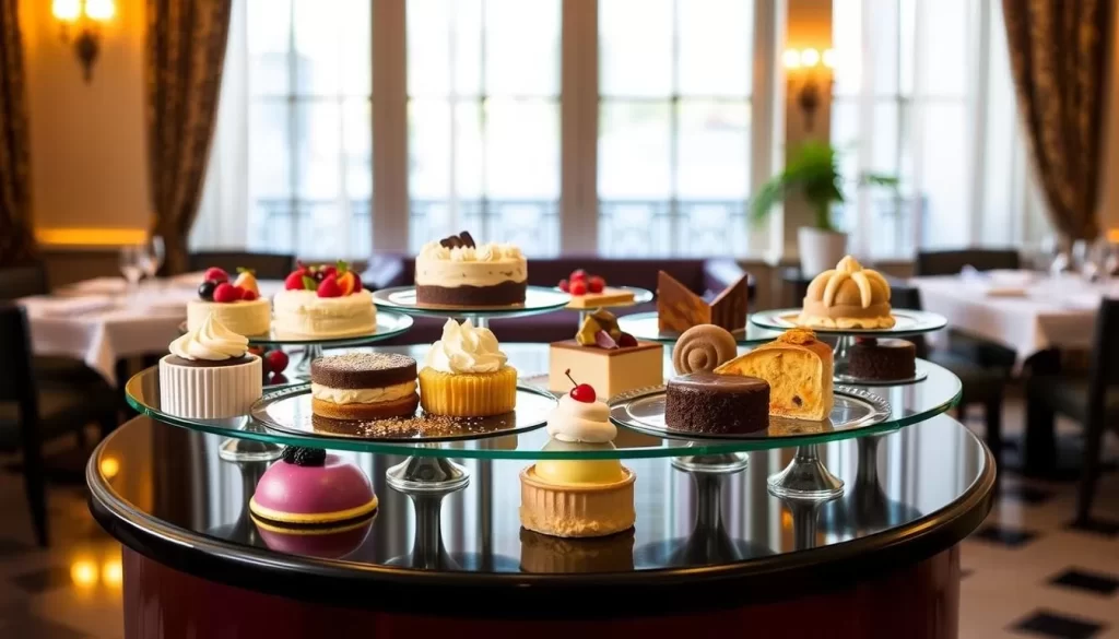 Generate an image of The Georgian Room in Santa Monica with a variety of their signature desserts displayed.