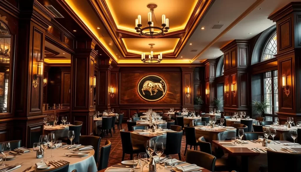 Generate an image of The Golden Bull's elegant dining area with dim lighting and rich wood accents.