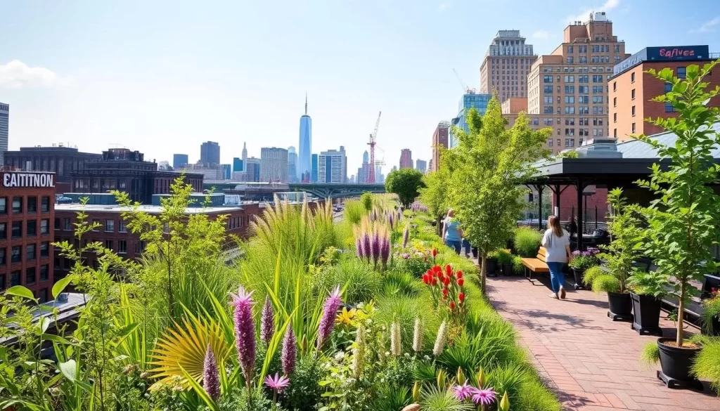 Generate an image of The High Line with a mix of greenery and cityscape views.