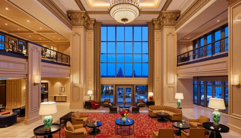 Generate an image of The Hotel Saskatchewan, Autograph Collection's luxurious lobby.