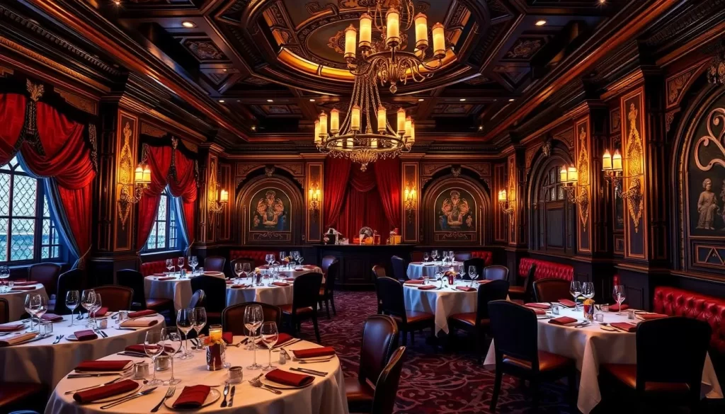Generate an image of The Magic Castle's opulent dining area with magicians performing magic tricks for guests.