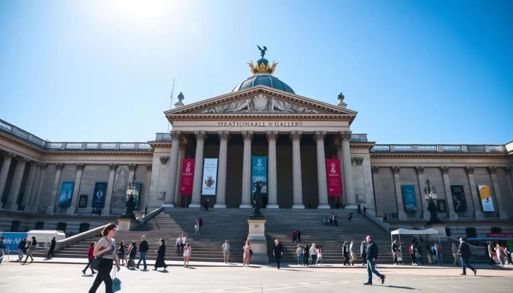 Generate an image of The National Gallery's facade in Trafalgar Square, London.
