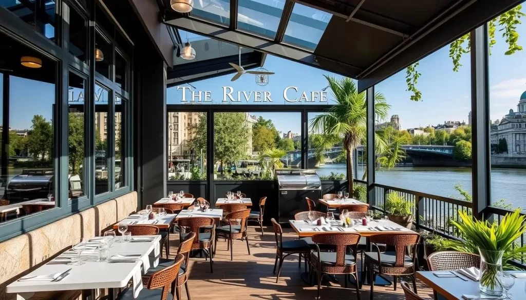 Generate an image of The River Café in Hammersmith, showcasing its riverside setting and elegant dining area.