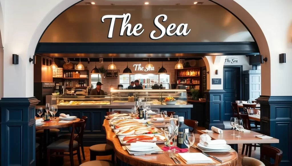 Generate an image of The Sea, The Sea restaurant in Chelsea, London, showcasing its fishmonger and restaurant hybrid concept.