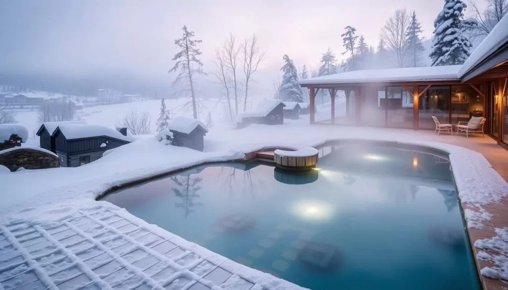 Generate an image of Thermëa by Nordik Spa-Nature's serene indoor-outdoor thermal pools surrounded by a snowy landscape.