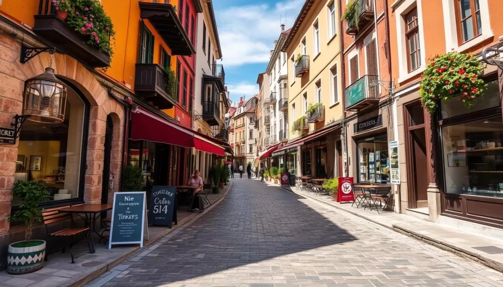 Generate an image of Tinkers Alley in Nis, Serbia, showcasing its cobblestone street and charming cafes.