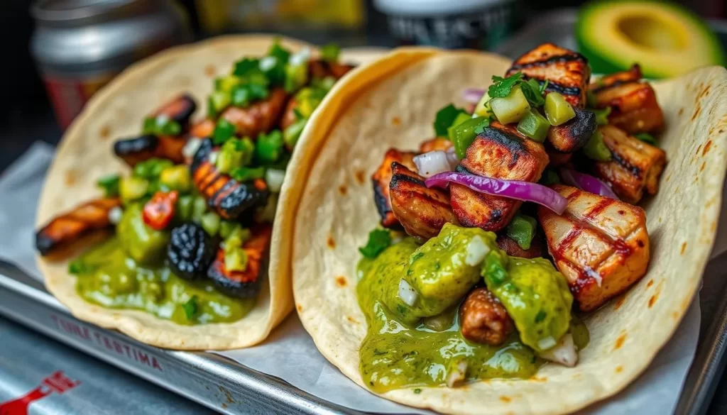 Generate an image of Tire Shop Taqueria's Tijuana-style tacos with mesquite-grilled meats and avocado salsa.