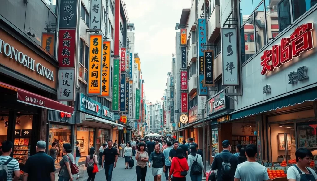 Generate an image of Togoshi Ginza Shopping Street, a bustling shopping arcade lined with various stores and eateries.