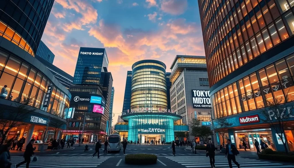 Generate an image of Tokyo Midtown's vibrant complex, showcasing its modern architecture and bustling atmosphere.