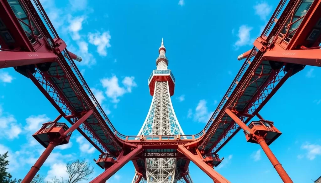 Generate an image of Tokyo Skytree, Japan's tallest tower, with a unique perspective.