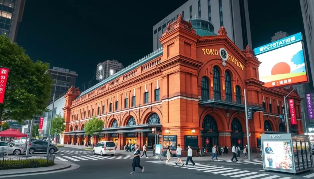Generate an image of Tokyo Station's Marunouchi side, showcasing its historic red brick architecture.