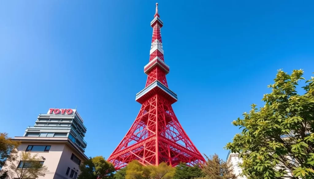 Generate an image of Tokyo Tower with its red exterior and observation decks.