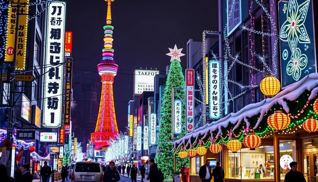 Generate an image of Tokyo's winter illuminations, showcasing a vibrant and festive atmosphere.