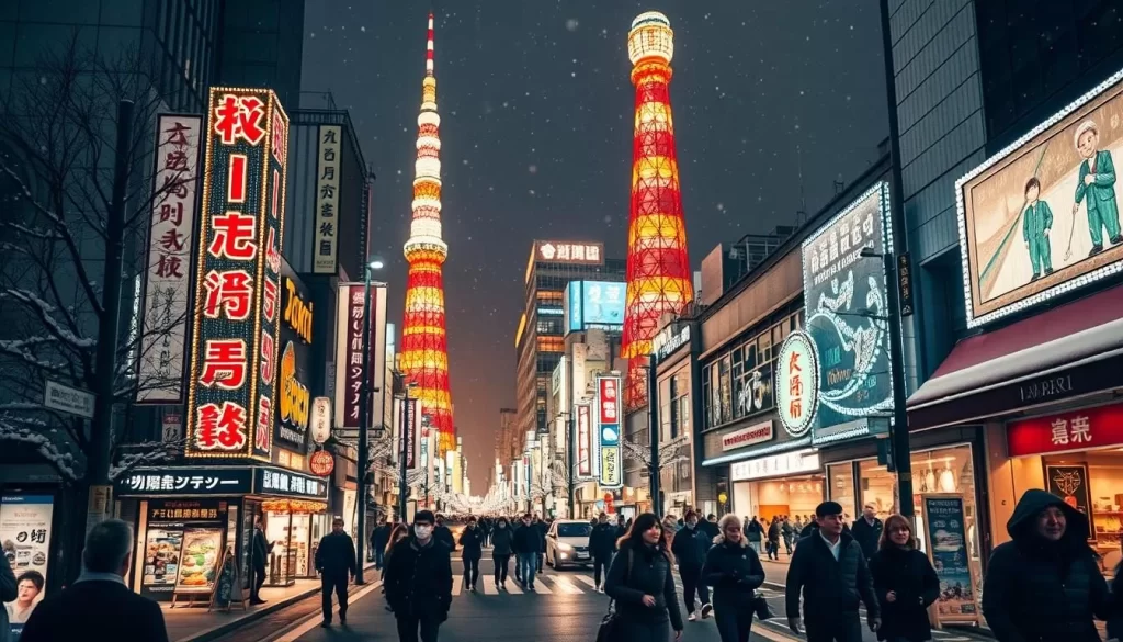 Generate an image of Tokyo's winter illuminations, with vibrant lights and festive atmosphere.