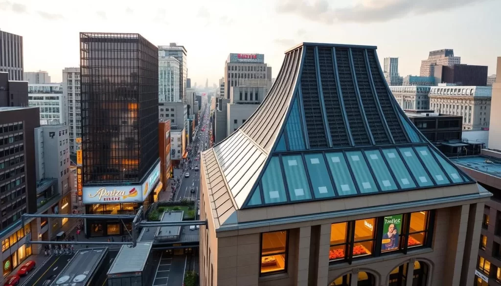 Generate an image of Tokyu Plaza Ginza's rooftop, highlighting its unique architectural design and the surrounding Ginza district.