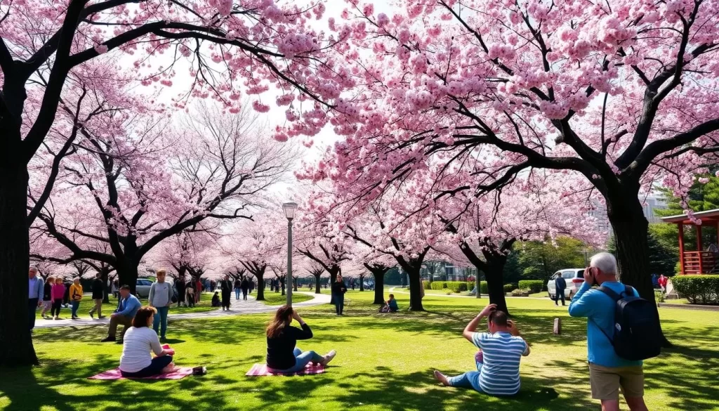 Generate an image of Toneri Park during cherry blossom season, with visitors enjoying the beautiful blooms.